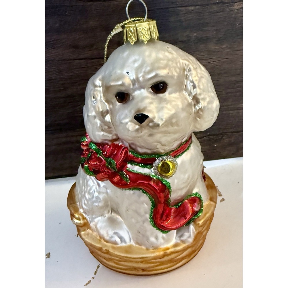 AMC Blown Glass Ornament Maltese Bichon Cockapoo White Puppy w Ribbon Basket IOB